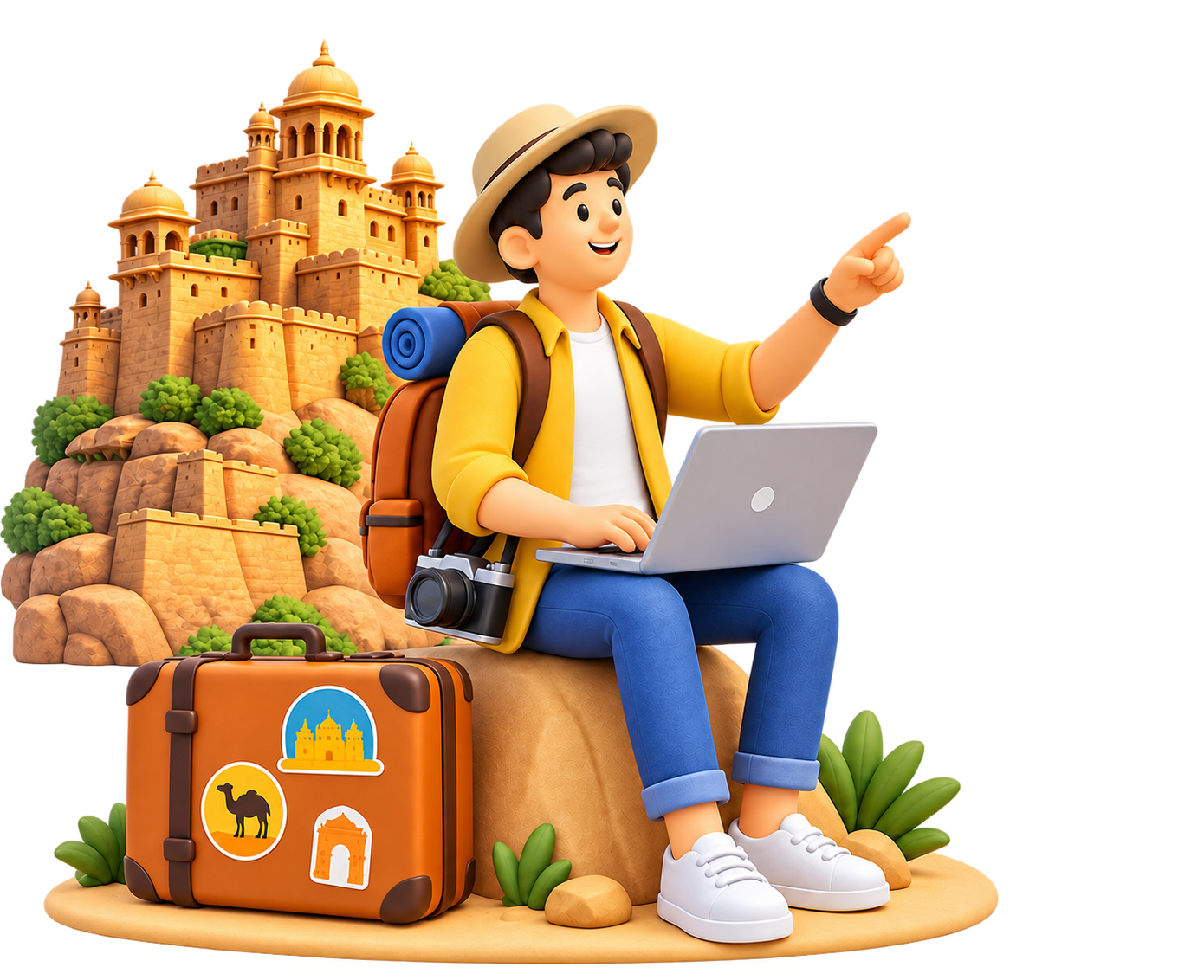 Traveller planning a Rajasthan journey beside a desert fort