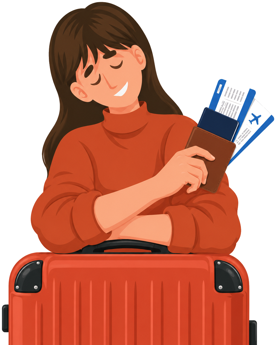 Traveller with passport, boarding passes and a red suitcase